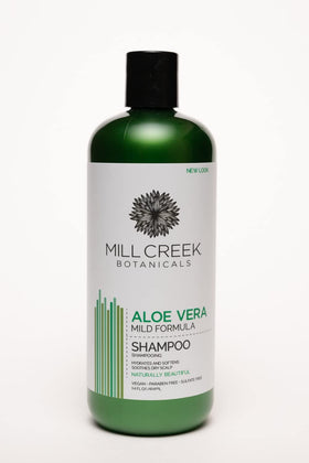 Mill Creek shampoo label close‑up highlighting ingredients and benefits for quick reading