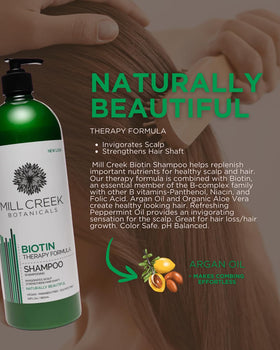 Mill Creek biotin shampoo in a bathroom lifestyle setup for everyday routine benefit