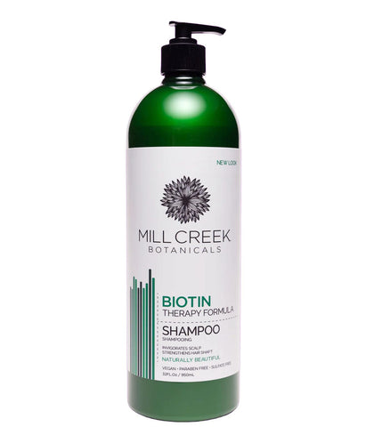 Mill Creek biotin shampoo front packaging showing full 32 oz bottle for lasting supply