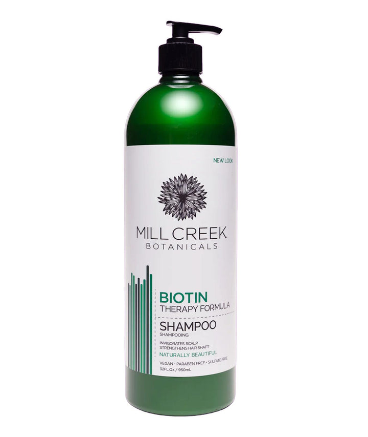 Mill Creek biotin shampoo front packaging showing full 32 oz bottle for lasting supply