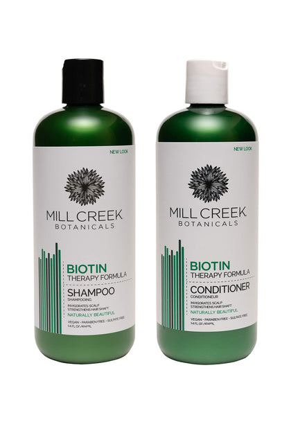 Mill Creek front packaging of biotin bundle showing strengthened-looking hair benefits