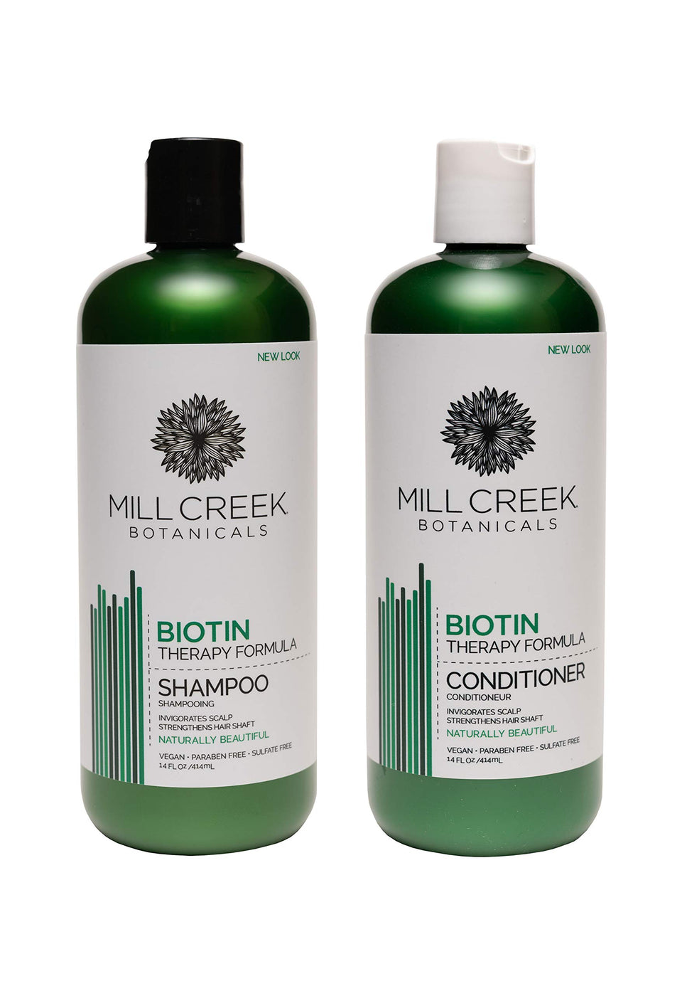 Mill Creek front packaging of biotin bundle showing strengthened-looking hair benefits