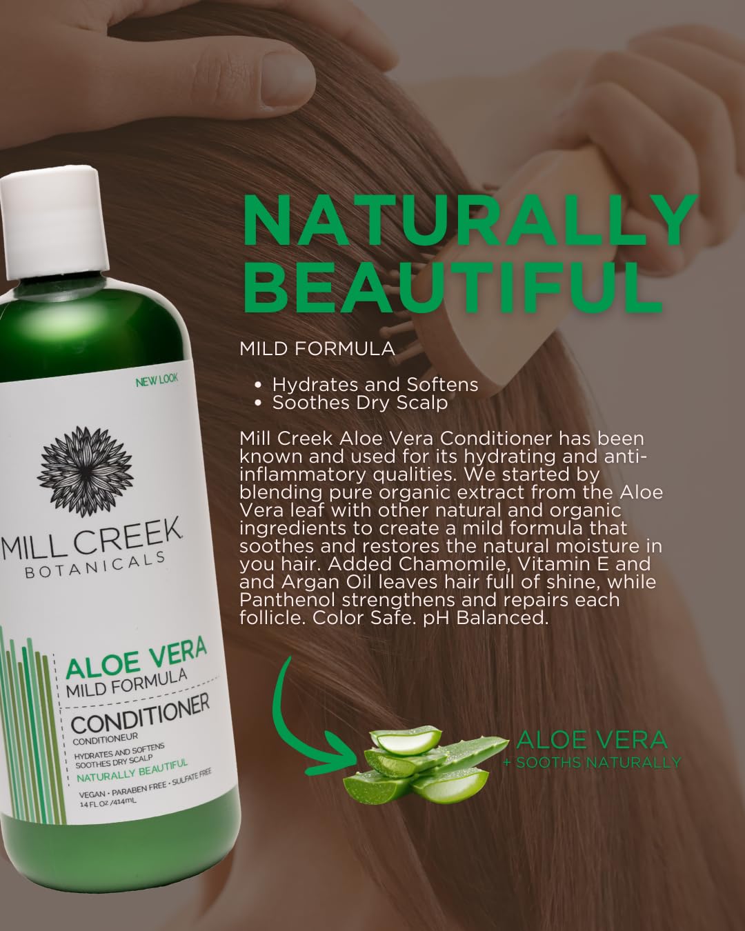 Mill Creek shampoo and conditioner in shower illustrating easy cleansing routine