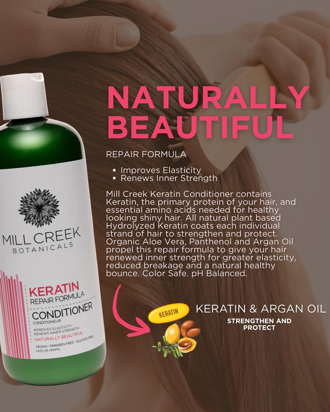 Mill Creek conditioner in hands demonstrating hydrated, manageable hair