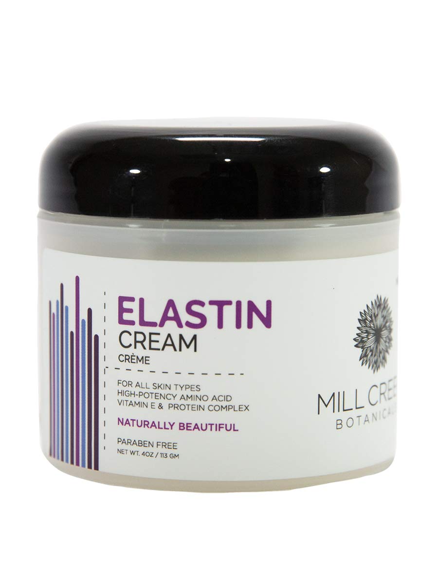 Mill Creek elastin cream front jar showing label and 4 oz size benefit of clear product identification