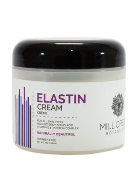 Mill Creek elastin cream front jar showing label and 4 oz size benefit of clear product identification