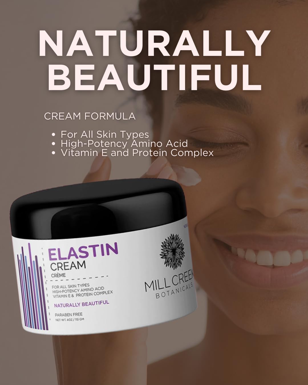 Mill Creek elastin cream lifestyle bathroom scene suggesting daily routine and visible nourishment