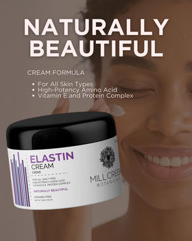 Mill Creek elastin cream lifestyle bathroom scene suggesting daily routine and visible nourishment