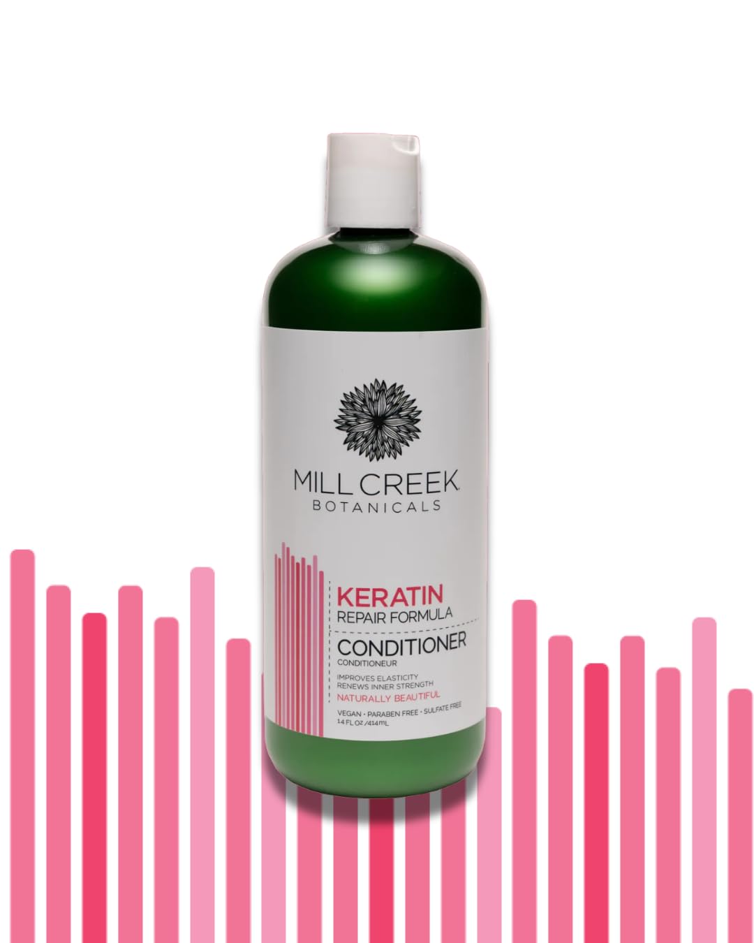 Mill Creek keratin shampoo pump close-up highlighting smooth texture