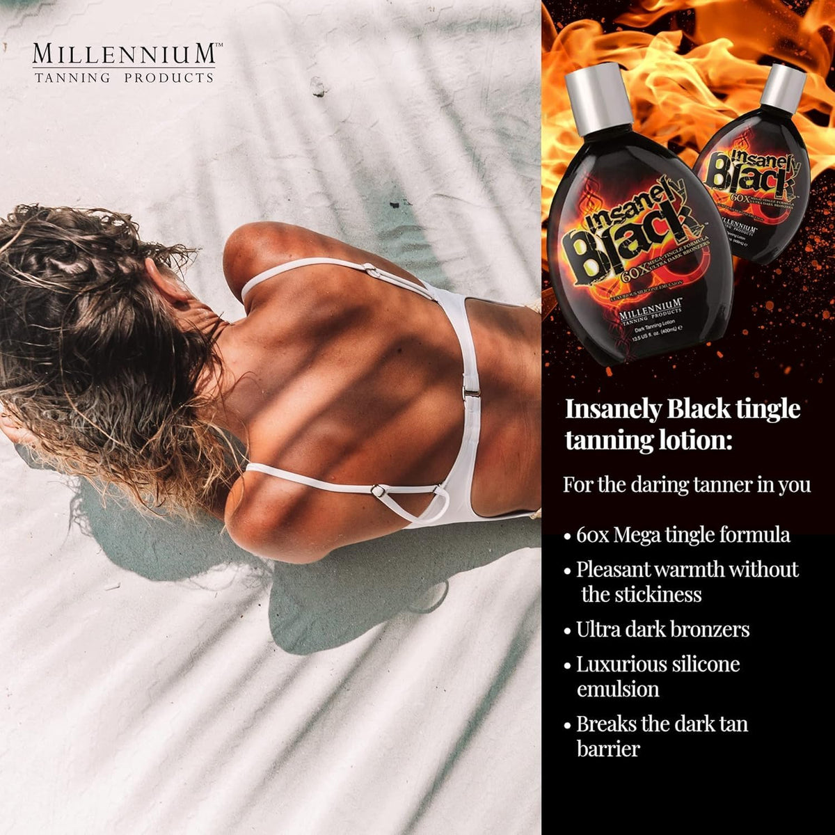 Millennium Tanning bronzer sheen close-up, instant darkening benefit