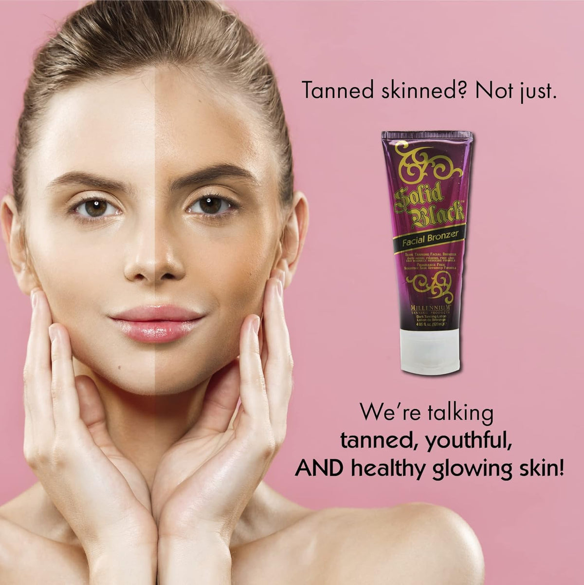 Millennium Tanning label ingredients closeup focusing on antioxidants and skin-firming actives for care