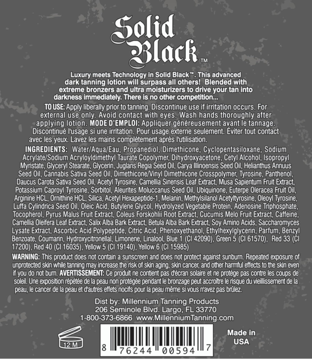 Millennium Tanning ingredients label close-up showing vitamins and bronzer information