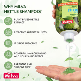 Milva shampoo pouring from bottle to show smooth dispense and control
