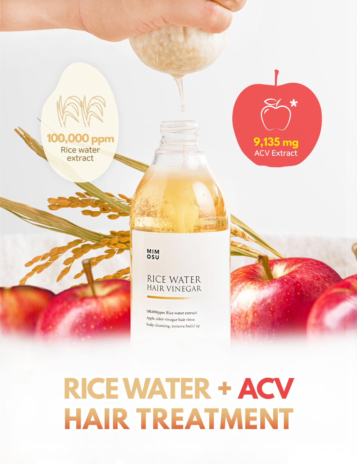 mimosu acv rinse applied to scalp during massage for clarifying action