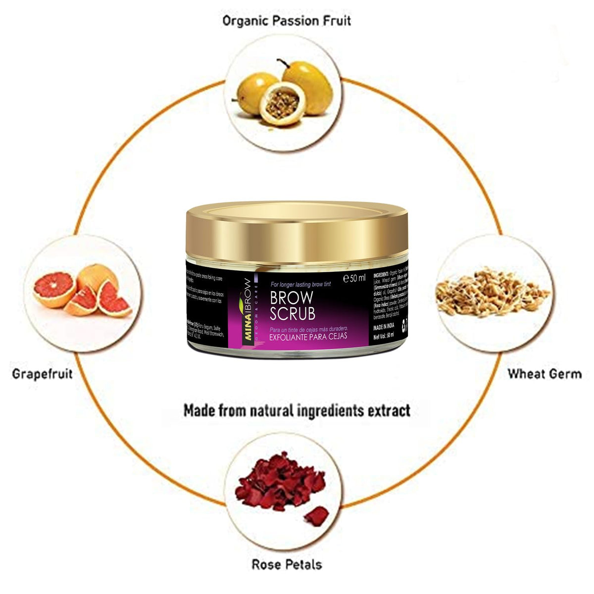 MinaiBrow texture close-up revealing natural oils and exfoliant, highlights nourishing feel