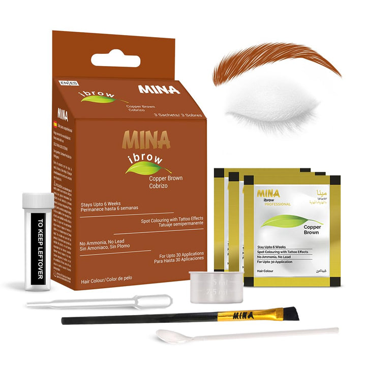 MinaiBrow front packaging showing copper brown kit and benefit of gentle color