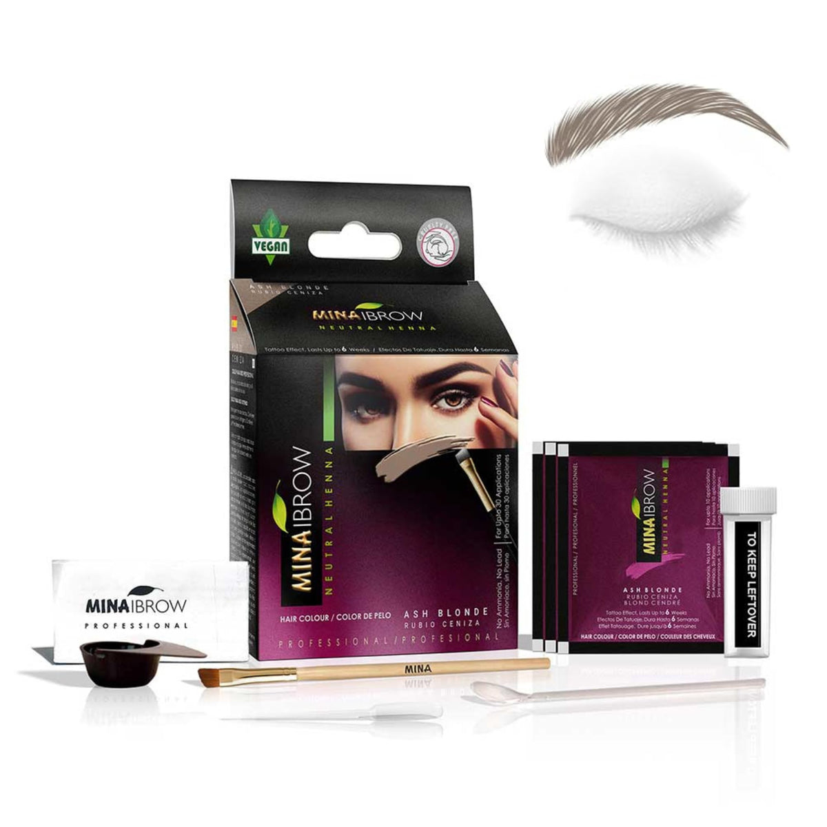MinaiBrow front box showing kit packaging and brand trust benefits