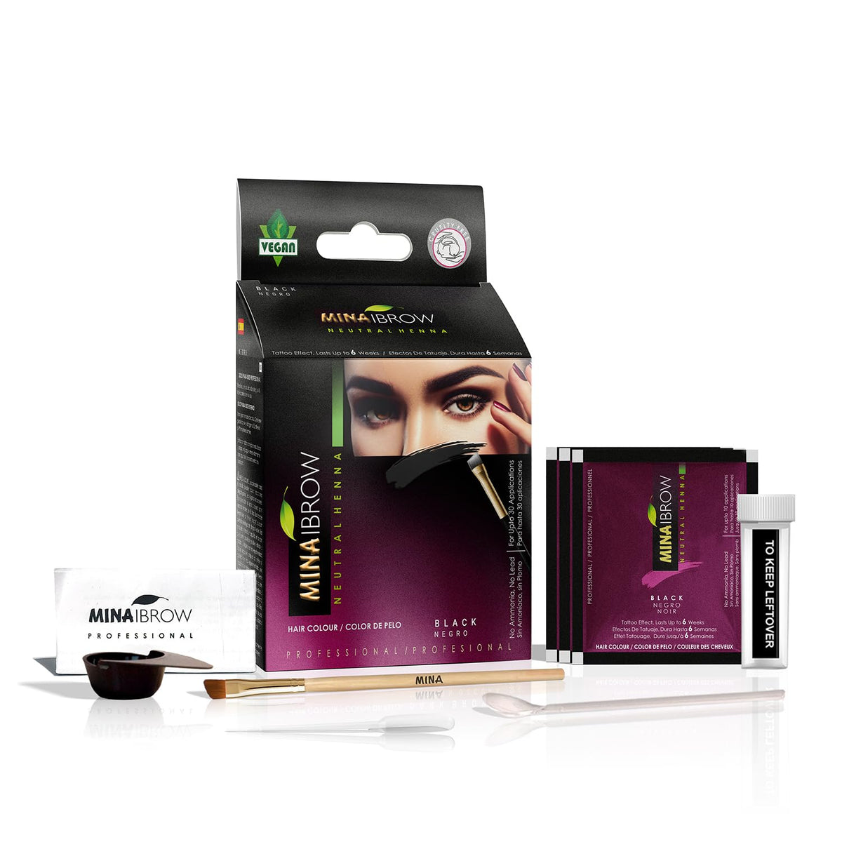 MinaiBrow front packaging showing kit and black tint benefit
