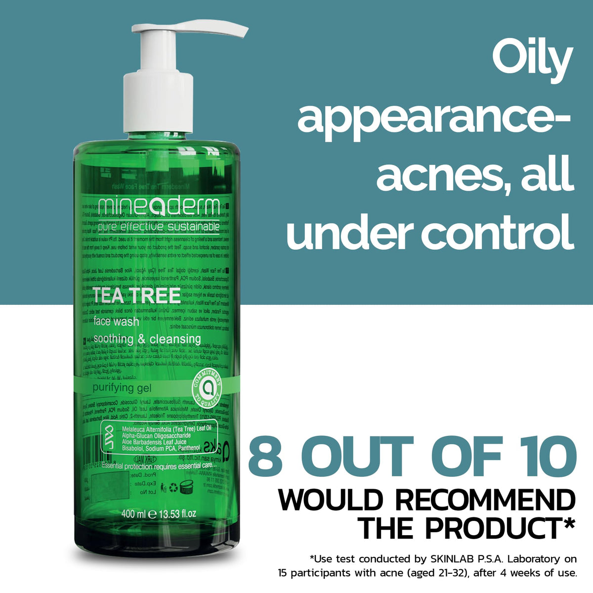 Mineaderm tea tree leaf oil ingredient close-up suggesting clarifying benefit