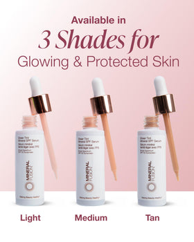 Applying Mineral Fusion serum to face with fingers for easy one-step skincare makeup