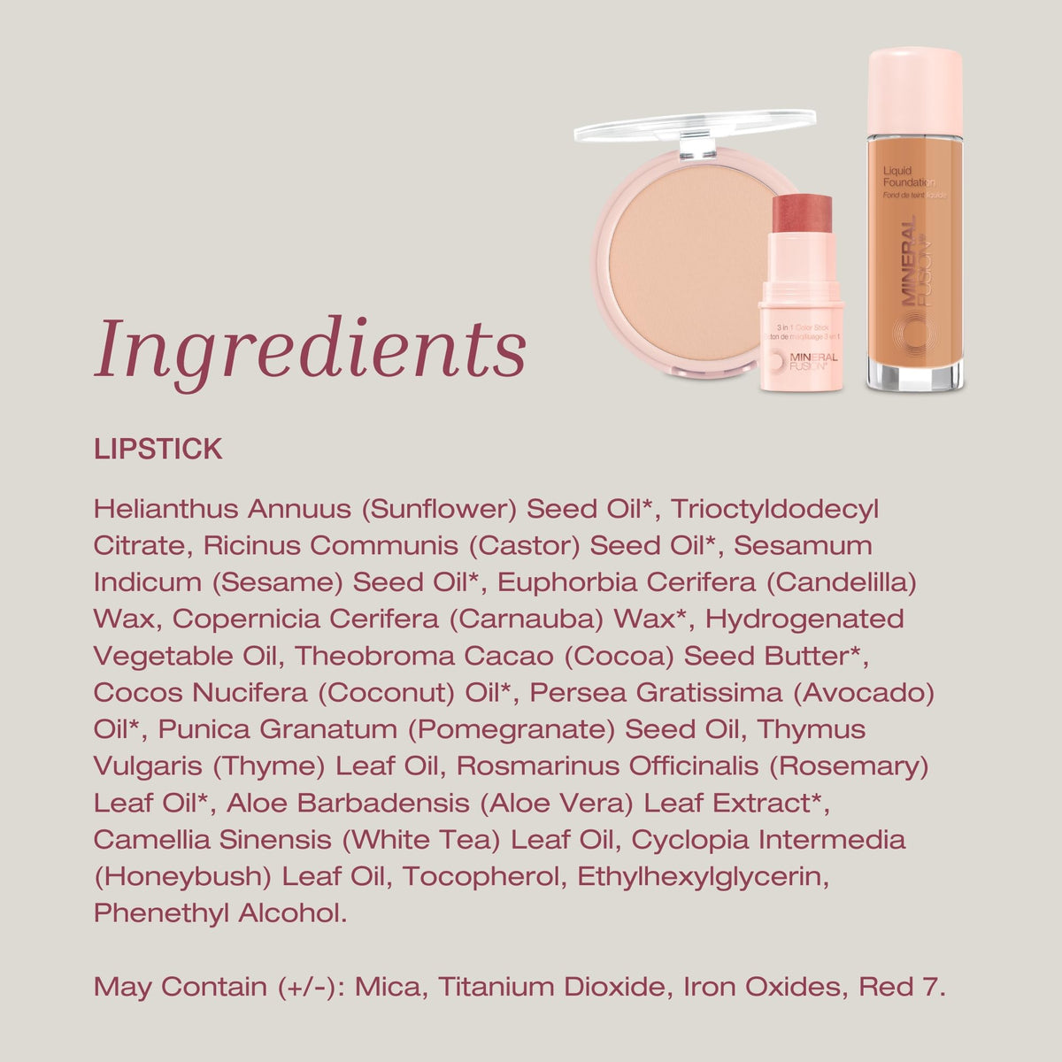 Mineral Fusion natural ingredient display with butters and oils showing nourishing benefit