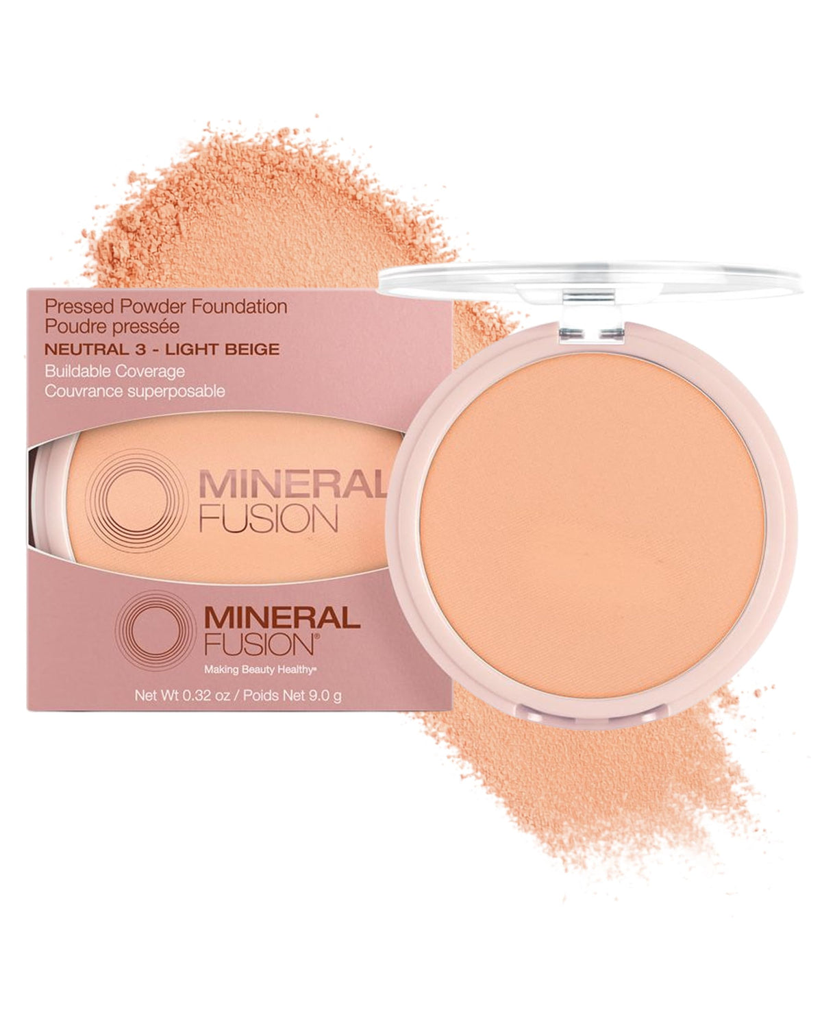Mineral Fusion compact front view showing neutral 3 shade and matte finish benefit