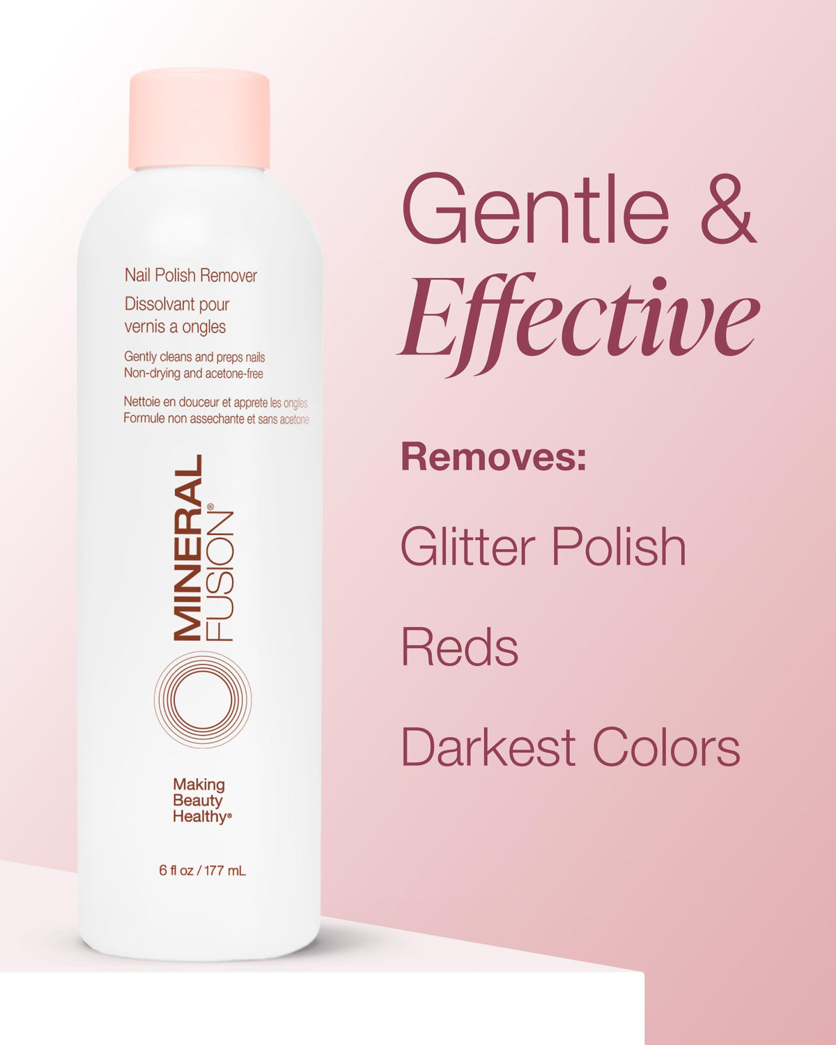 Mineral Fusion bottle beside acetone bottle comparing gentler nail care