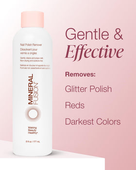 Mineral Fusion bottle beside acetone bottle comparing gentler nail care