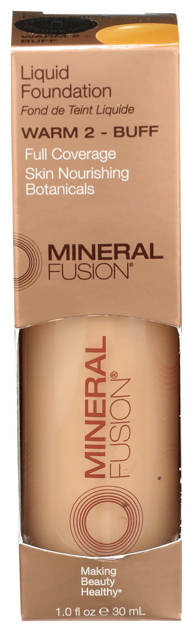 Mineral Fusion front bottle of Warm 2 foundation showing packaging and shade benefit