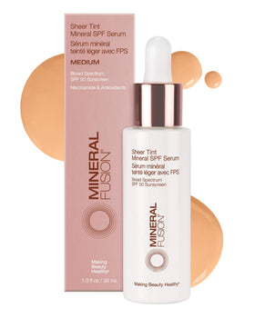 Mineral Fusion front bottle view showing sheer tinted SPF 50 and travel-ready design