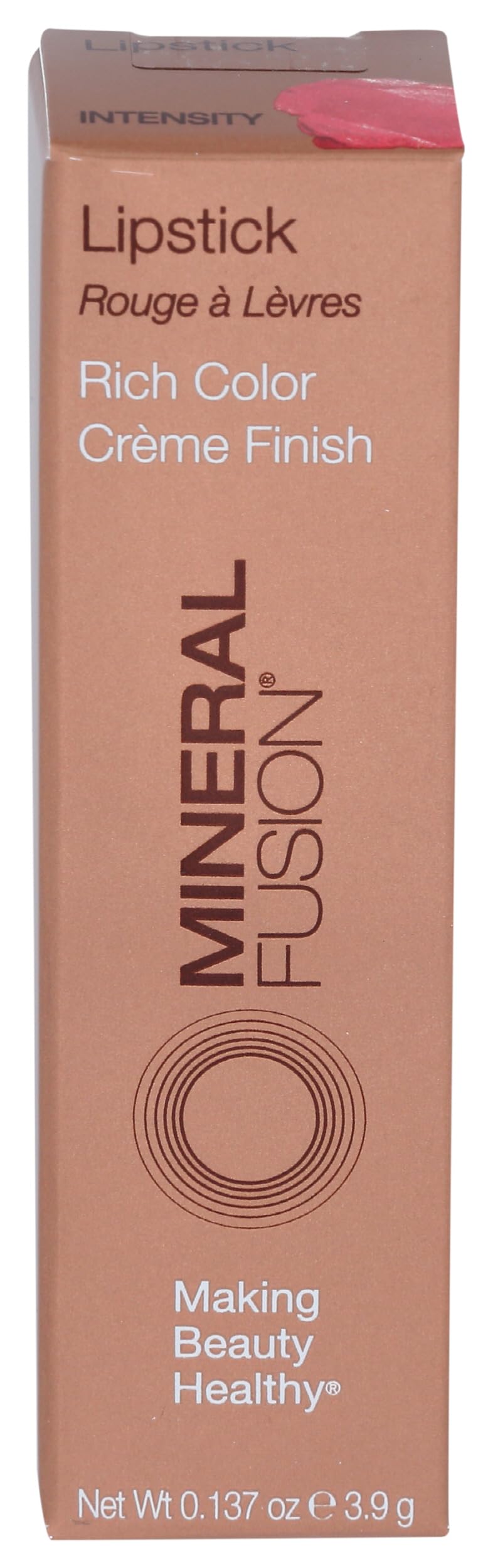 Mineral Fusion front packaging showing bold lipstick color and sleek tube benefit: easy identification