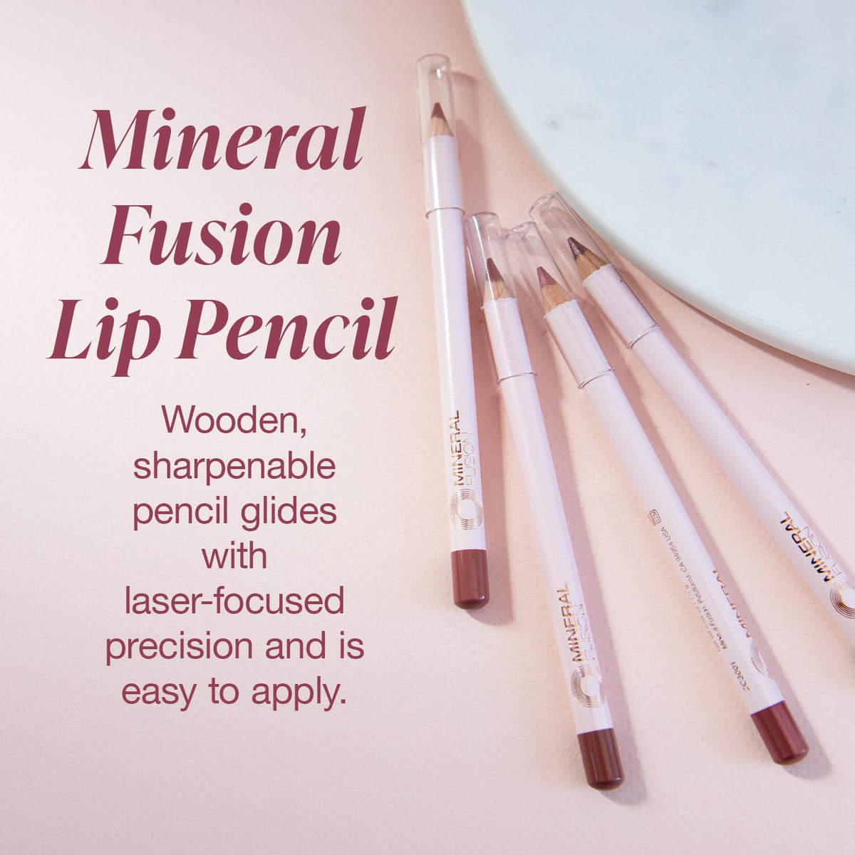 Mineral Fusion pencil tip close-up demonstrating smooth application and precision