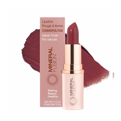 Mineral Fusion lipstick Cosmopolitan front view shows vivid color and sleek tube benefit long-lasting wear
