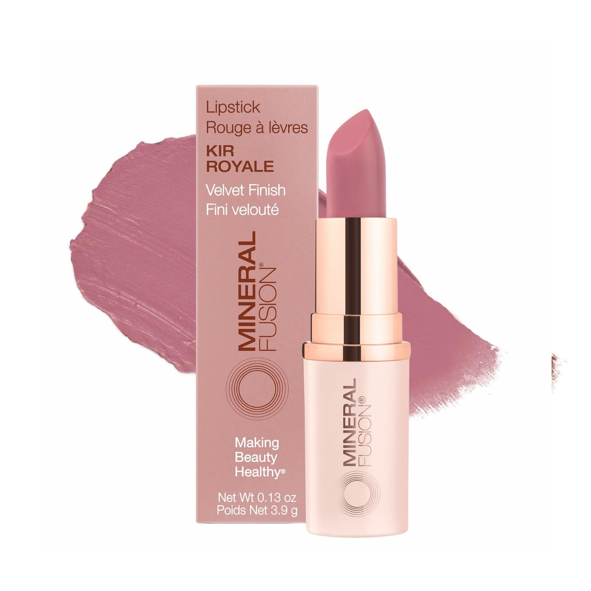 Mineral Fusion lipstick front view showing sleek tube and Kir Royale shade for polished look