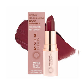 Mineral Fusion lipstick front view showing rose sangria shade and smooth finish benefit