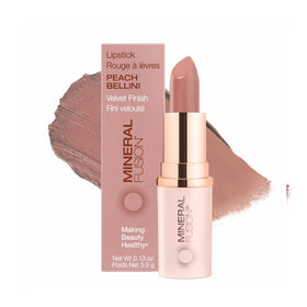 Mineral Fusion lipstick front tube shows peach Bellini shade and benefits