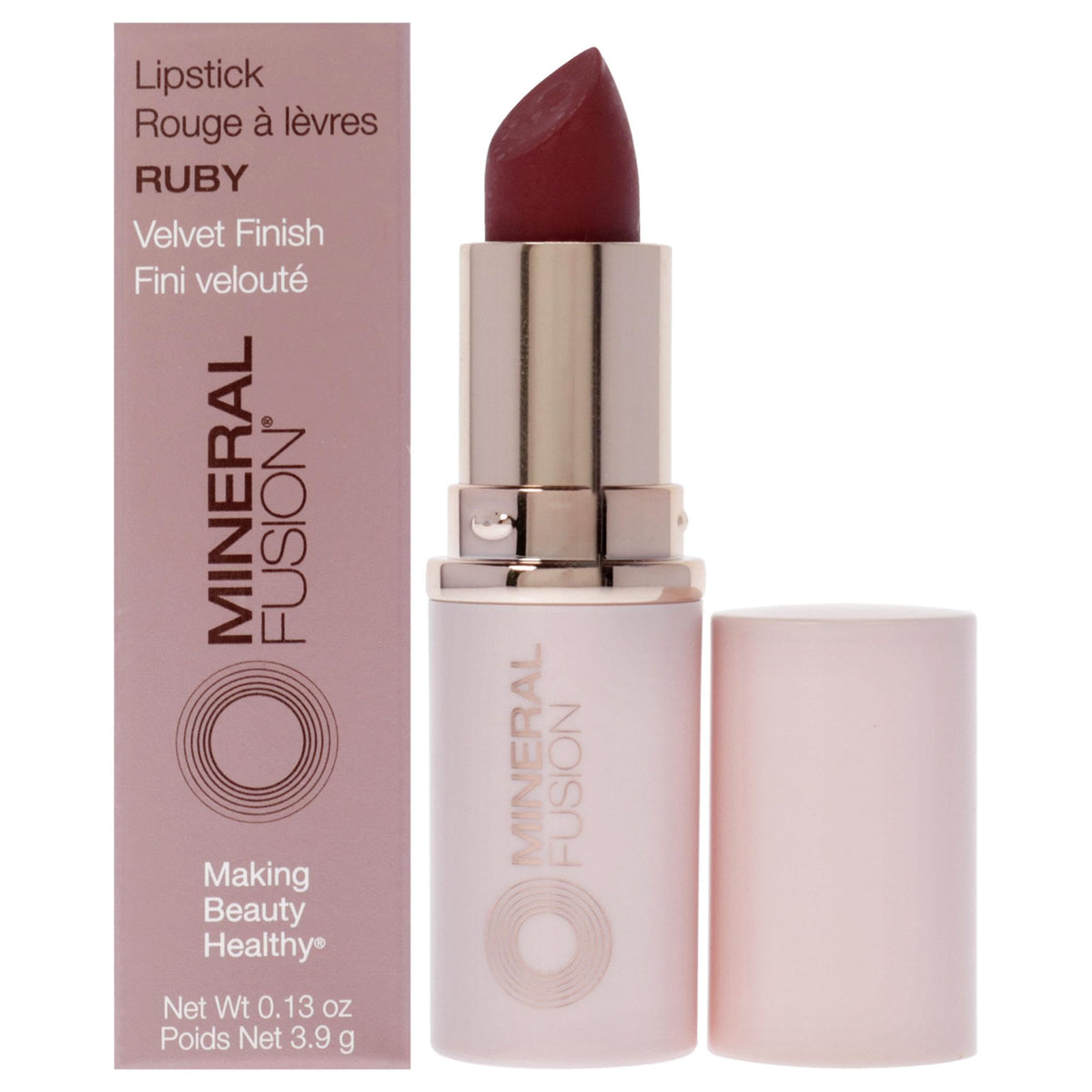 Mineral Fusion lipstick Ruby front packaging showing tube and cap, clear product identity and portability