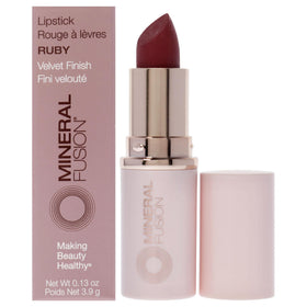 Mineral Fusion lipstick Ruby front packaging showing tube and cap, clear product identity and portability