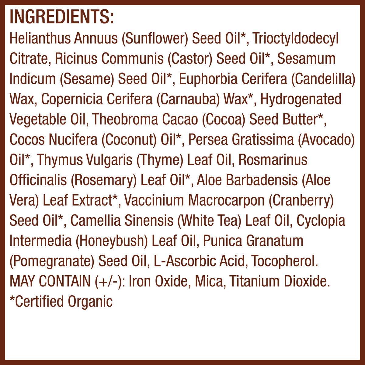 Mineral Fusion lipstick Ruby ingredients label showing botanical extracts and vitamins for cleaner beauty