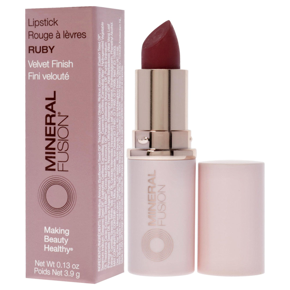 Mineral Fusion lipstick Ruby size scale next to a coin to show the compact .13 ounce travel-ready tube