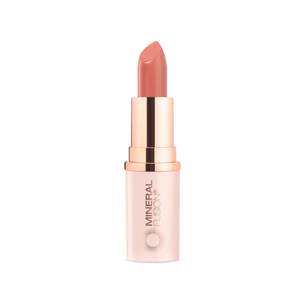 Mineral Fusion lipstick swatch on skin showing nude mauve payoff and wearable color