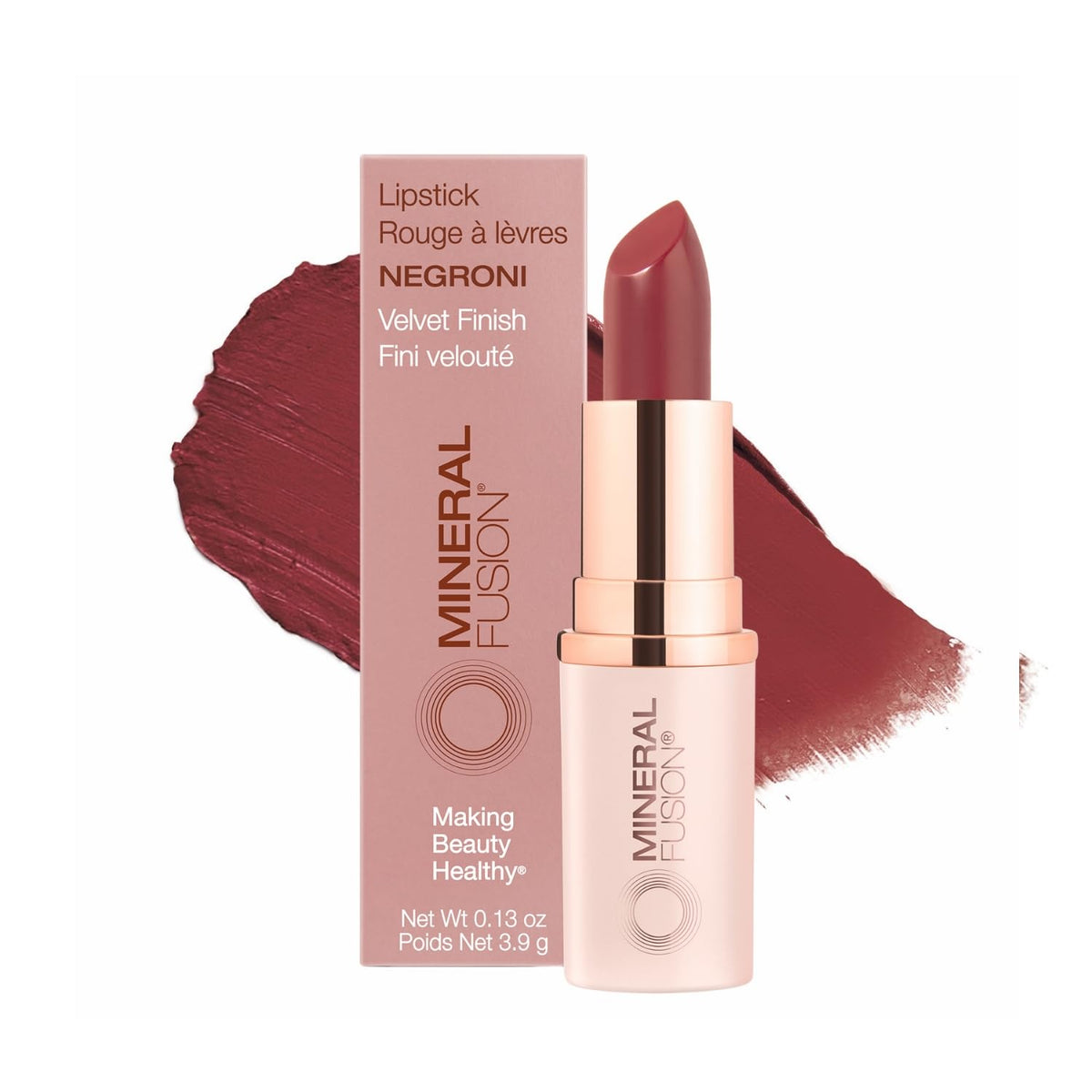 Mineral Fusion lipstick tube front view showing sleek packaging and bold shade