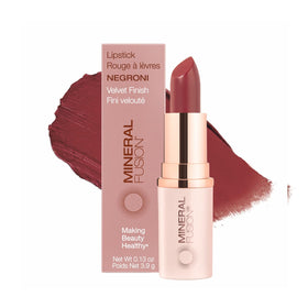 Mineral Fusion lipstick tube front view showing sleek packaging and bold shade
