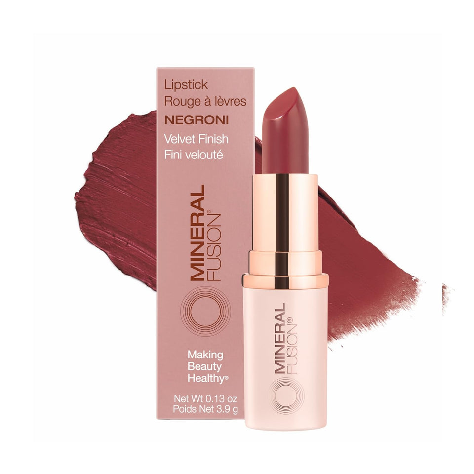Mineral Fusion lipstick tube front view showing sleek packaging and bold shade