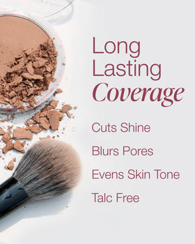 Brush sweeping Mineral Fusion powder demonstrating application for long-lasting matte look