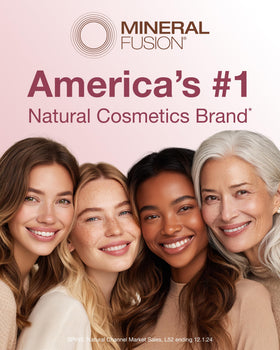 Mineral Fusion compact on a vanity with skincare showing easy everyday use benefit