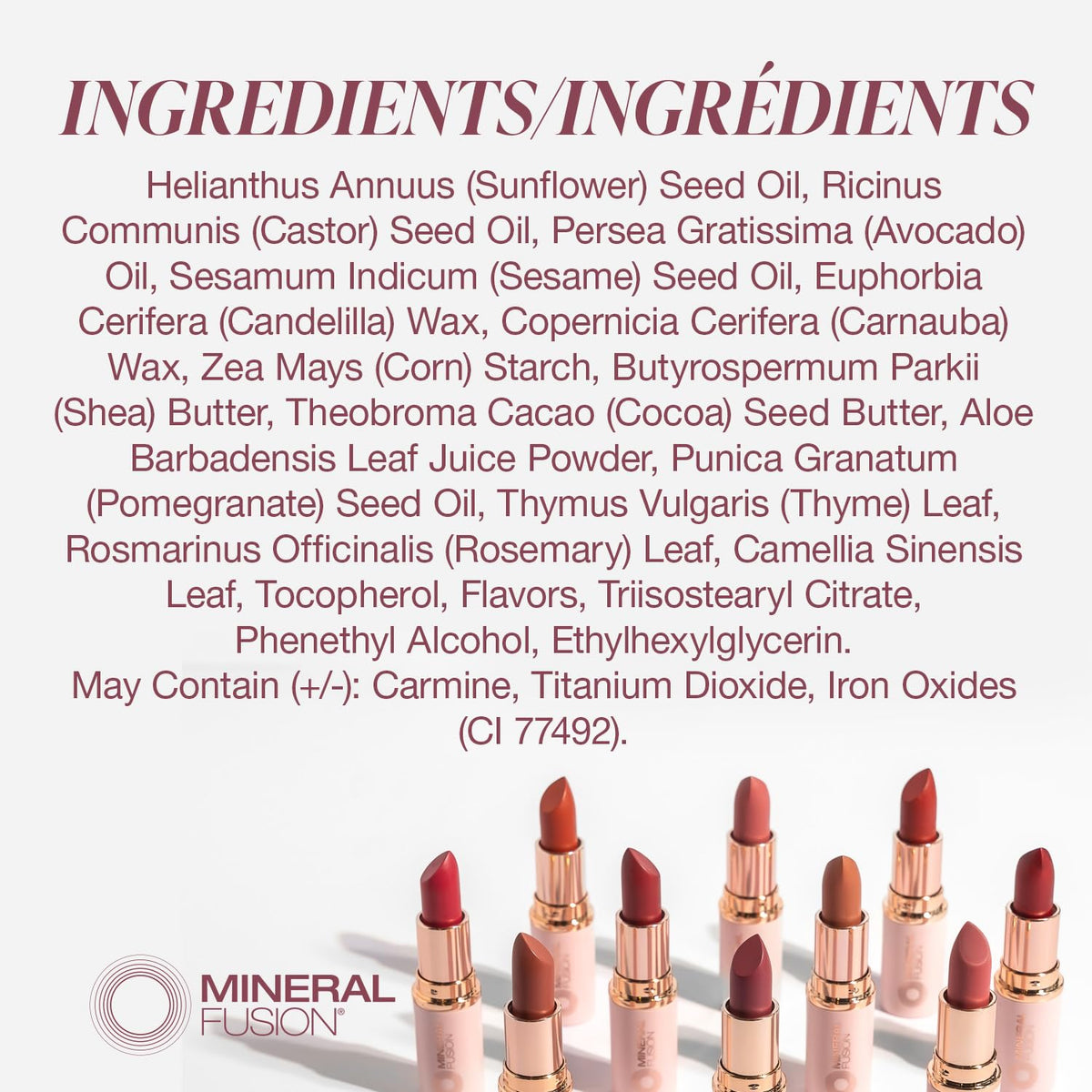 Mineral Fusion lipstick bullet texture close-up showing smooth glide and rich pigment