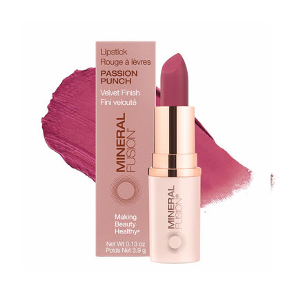 Mineral Fusion lipstick tube front showing Passion Punch and brand for bold color