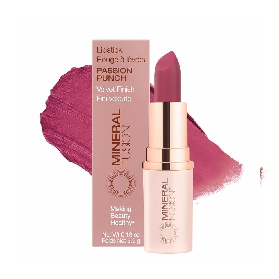 Mineral Fusion lipstick tube front showing Passion Punch and brand for bold color