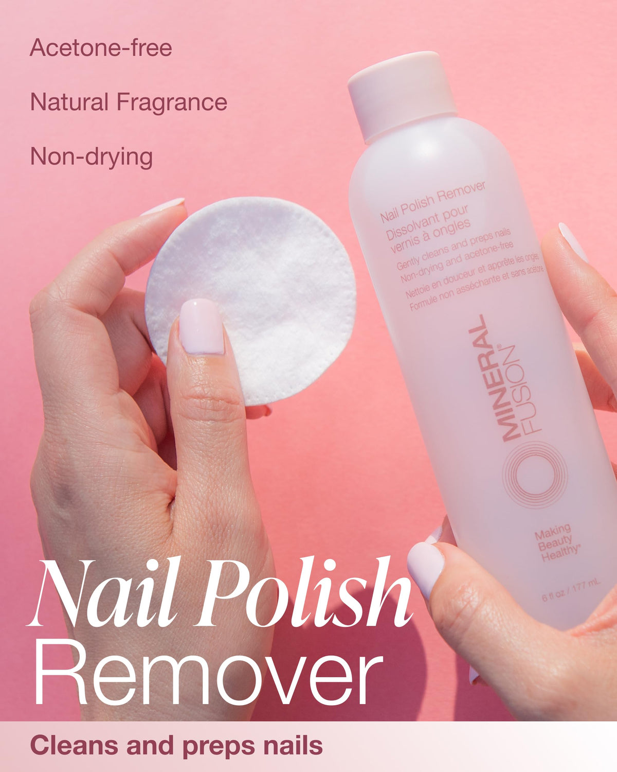 Mineral Fusion pouring liquid onto cotton pad for efficient polish removal